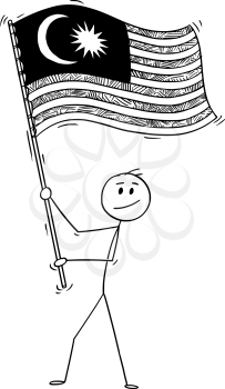 Cartoon drawing conceptual illustration of man waving the flag of Malaysia.