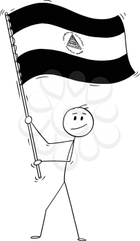 Cartoon drawing conceptual illustration of man waving the flag of Republic of Nicaragua.