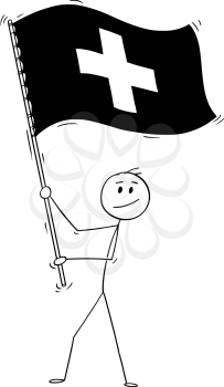 Cartoon drawing conceptual illustration of man waving the flag of Swiss Confederation or Switzerland.