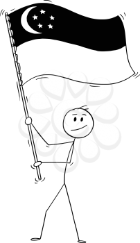 Cartoon drawing conceptual illustration of man waving the flag of Republic of Singapore.