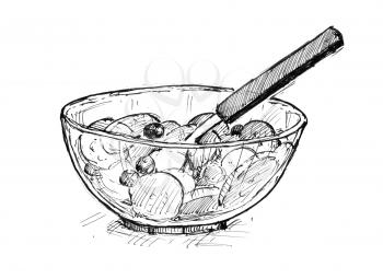 Black pen and ink artistic rough hand drawing of small bowl with fruit pieces mixture and spoon.