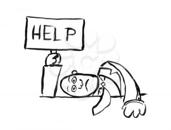 Black brush and ink artistic rough hand drawing of stressed businessman or manager lying on desk and holding help sign.