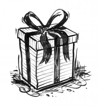 Black brush and ink artistic rough hand drawing of wrapped Christmas gift box or present.
