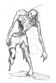 Black and white rough grunge pencil sketch of horror zombie.