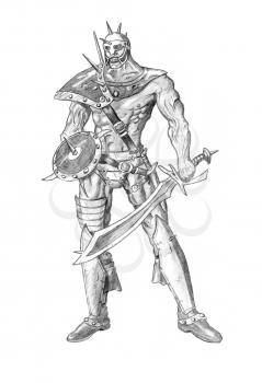 Black and white rough pencil drawing of fantasy barbarian warrior or gladiator with sword and shield.