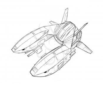 Black and white ink concept art drawing of futuristic or sci-fi spaceship or spacecraft or aircraft.
