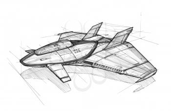 Black and white ink concept art drawing of futuristic or sci-fi spaceship or spacecraft or aircraft.