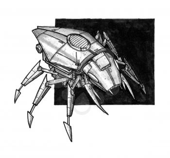 Black and white ink concept art drawing of futuristic or sci-fi insect robot bug drone.