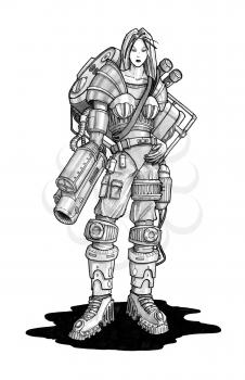 Black and white ink concept art drawing of sci-fi cyborg woman female soldier with weapon attached to her arm and wearing partial armor.