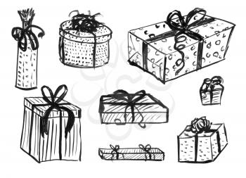 Black brush and ink artistic rough hand drawing of set or collection of wrapped Christmas gift boxes.