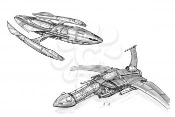Black and white ink concept art drawing of two futuristic or sci-fi spaceships or spacecrafts.