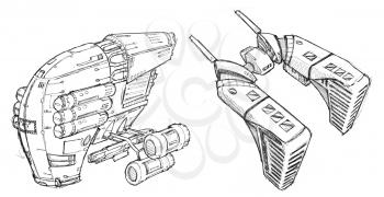 Black and white ink concept art drawing of two futuristic or sci-fi spaceships or spacecrafts.