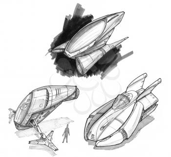 Black and white ink concept art drawing of set of futuristic or sci-fi spaceships or spacecrafts.