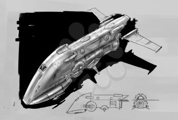 Concept art design drawing of sci-fi or science fiction spaceship.