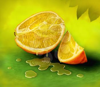 Realistic digital painting of orange on dark green background with juice dropping from it.