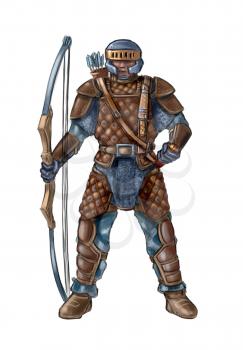 Concept art digital painting or illustration of fantasy archer or bowman with bow.
