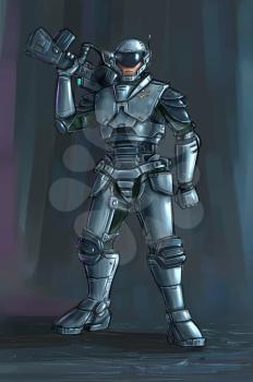 Concept art digital painting or illustration of science fiction futuristic military soldier character in armor and helmet holding rifle weapon.