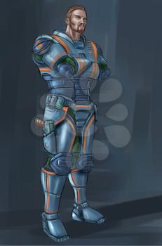 Concept art digital painting or illustration of science fiction futuristic military soldier character in armor and with pistol gun weapon.