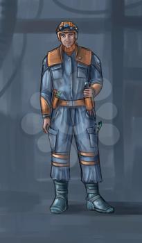 Concept art digital painting or illustration of technician wearing science fiction futuristic design of working suit or overalls and hard hat or safety helmet.