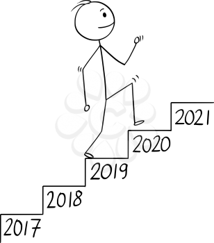 Vector cartoon stick figure drawing conceptual illustration of man or businessman walking up the stairs or staircase or stairway with year number on each step. Business concept of growth in time.