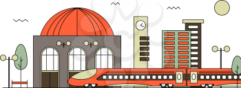 Suburban train station flat design illustration. Railway design concept
