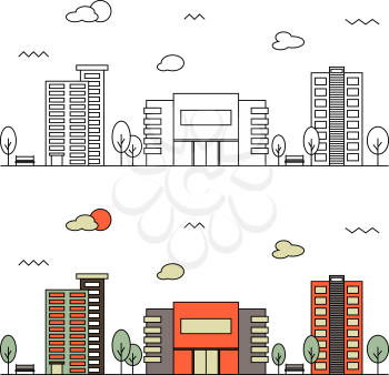 Modern street scenery in outline and flat design style. Residential district with building of bank, cinema or market, trees and houses with place for text