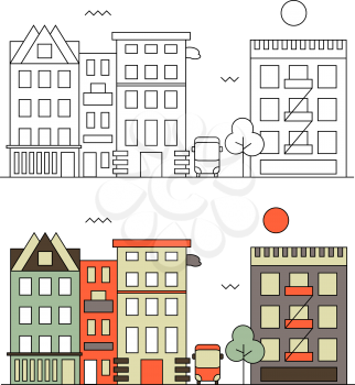 Modern street scenery in flat and outline design style. Residential district with building of bank, cinema or market, trees and houses