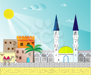 Islamic colorful cityscape with houses, mosque and minaret. Mosques and minarets horizontal patterns. Vector illustration