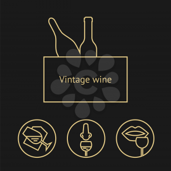 Wine gold icons collection on dark background. Modern outline style. Old wine bottle and tasting process. Can be used for wine shop, wine company and club, for typographic purpose
