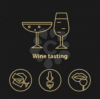 Wine gold icons collection on dark background. Modern outline style. Wineglasses and tasting process. Can be used for wine shop, wine company and club, for typographic purpose