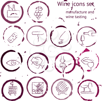 Wine icons collection. Pictograms inside of wine stains. Can be used for wine shop, wine company and club, for typographic purpose. Maroon, burgundy, vinous, purple, pink colors