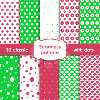Set of classic green and pink seamless patterns with dots. EPS10