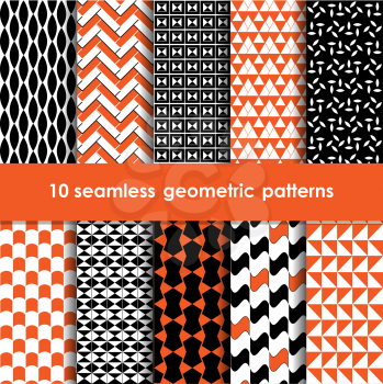 10 geometric seamless patterns set, black, orange and white vector backgrounds collection.