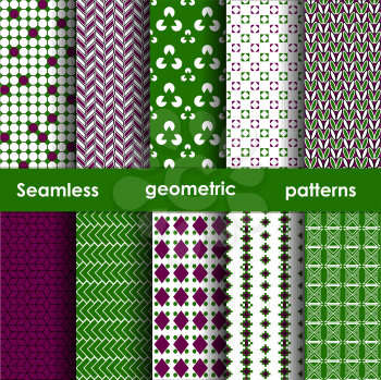 Set of 6 seamless geometric patterns in white, green and lilac colors