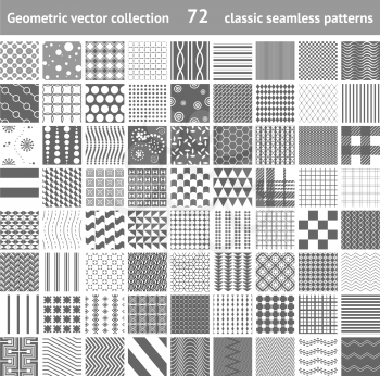 72 classic geometric seamless patterns set. Polka dots, stripe, checkered, geometric traditional patterns collection. Can be used for scrapbooking, web site background, greeting card template etc.