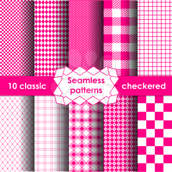 Set of checkered simple fabric seamless pattern in pink and white. 10 classic ornaments