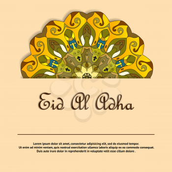 Illustration of Eid Al Adha greeting card with round ornate mandala ornament. Muslim holiday background template