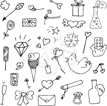 Set of valentine icons in doodle style. Hand drawn elements for wedding cards, romantic design etc.