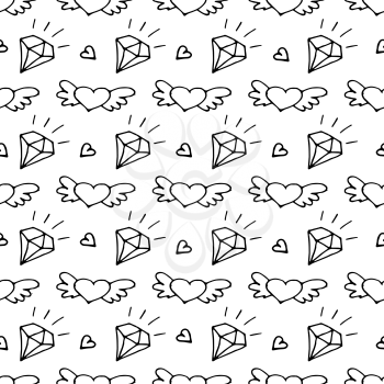 Seamless pattern with valentine hearts and diamonds, sketch drawing. Can be used for scrapbooking, wedding invitation, cards etc.