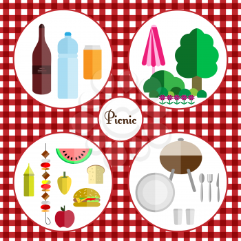 picnic icon set with four components of a picnic: food, drinks, utensils and grill, nature placed on a tablecloth for a picnic