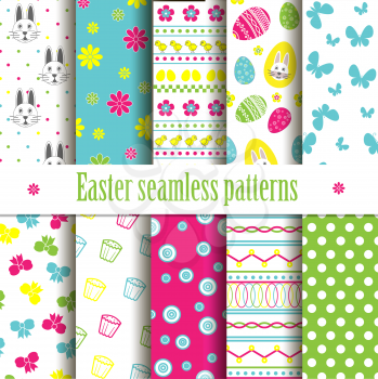 Cute easter vector patterns. Endless texture can be used for printing onto fabric and paper or scrap booking.  Seamless pattern with chickens, rabbits, flowers, easter eggs for your design