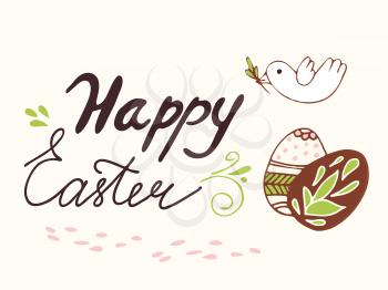 Happy Easter lettering text with eggs and dove. Handmade vector calligraphy collection
