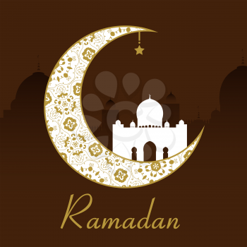 Ramadan Kareem background with moon, star and mosque. Ramadan mubarak Greeting card, invitation for muslim community.