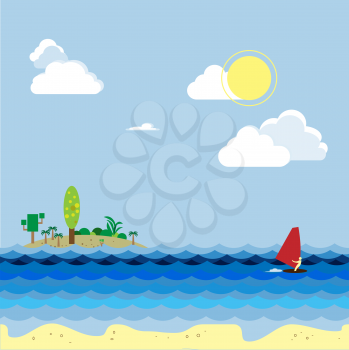 Windsurfer on tropical landscape with blue sea, waves and palms on a cloudy sky. Nature vector.