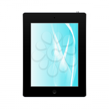 Realistic black tablet pc computer with blue screen isolated on white background. Vector eps10 illustration