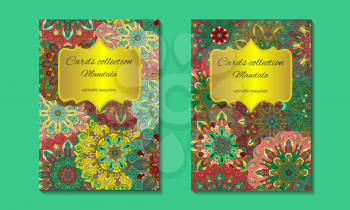 Greeting card design with mandala pattern. Abstract vector template. Indian, arabic, orient motifs in green, yellow, pink and brown colors. Easy edit