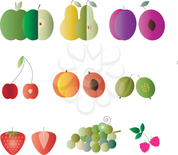 Flat Design Isolated Fruit Vector Icon Set. Colorful fruits in two versions - full and cut in half