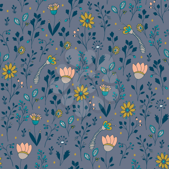 Floral seamless pattern with flowers. Vector blooming doodle floral texture on blue background