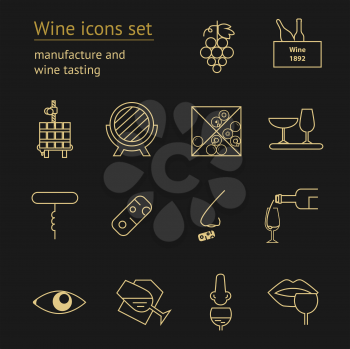 Wine gold icons collection on dark background. Modern outline style Can be used for wine shop, wine company and club, for typographic purpose
