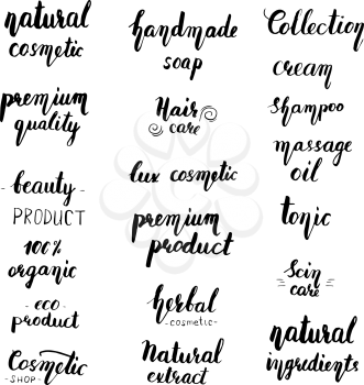 Natural cosmetic lettering set. Vintage label with hand drawn lettering. Modern brush style. Can be used for cosmetic shop, boutique, cosmetic line